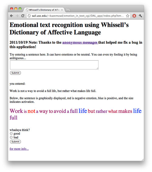 Ebrahim "Abe" Kazemzadeh, Emotional text recognition using Whissell’s Dictionary of Affective Language