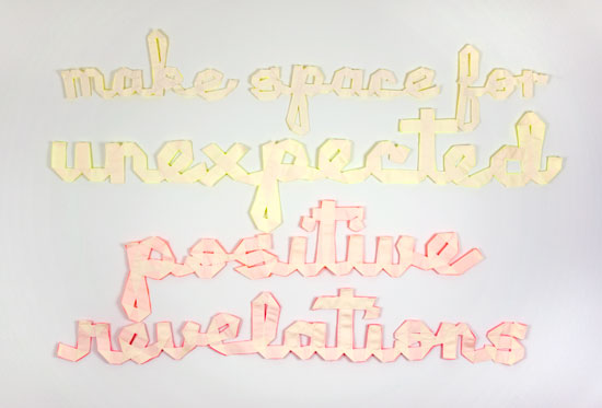 make space for unexpected positive revelations, 2012, ribbon, thread, pins, 59 × 39 in / 1.5 × 1 m. 