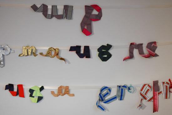 Studio snapshot: Ribbon Text specimen swatch wall.