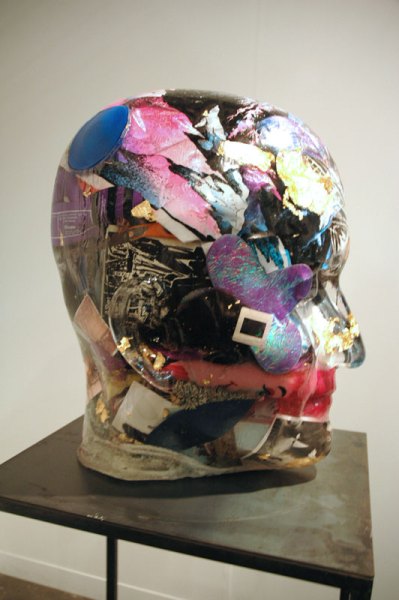 Glass head stuffed with stuff. Heavy-handed, if not to mix metaphors, but the gesture seems to bear potential still. Richard Dupont, Gallerie Michael Janssen, Berlin.