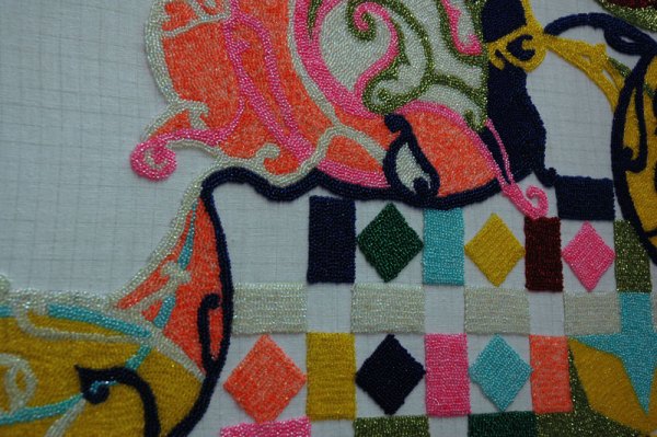 Fantastic beaded stretched canvases. I'm pretty sure that's fluorescent orange. Sabine Boehl at Dirimart, Istanbul.