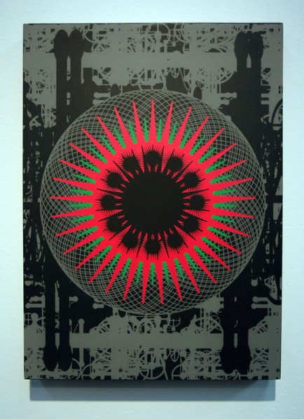 Cut vinyl-masked acrylic paintings that are super flat. Lots of digital patterns, and some that are quite Spirographic. Sangnam Lee, PKM Gallery, Seoul.