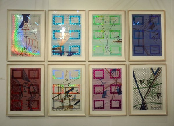Lenticular foil prints with screen print and offset litho. Whatever on the imagery, but it's interesting to see foils take off in fine art printmaking. Sigmar Polke at Mike Karstens.