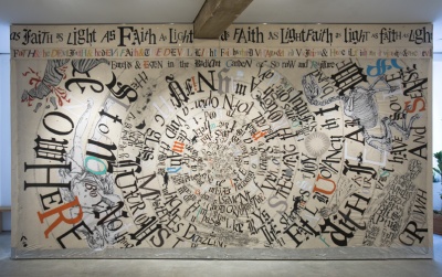 Lesley Dill, Faith & the Devil, Installation View, 2011-2012, acrylic paint, oil pastel, silver leaf, gold leaf, mixed media on cotton panel. // Source: georgeadamsgallery.com