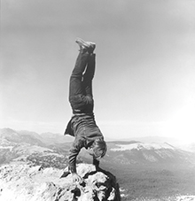 Robert Kinmont: 8 Natural Handstands (detail), 1969/2009; nine black-and-white photographs; 8 1/2 x 8 1/2 in. each; courtesy of Alexander and Bonin, New York. Photo: Bill Orcutt. // Source: bampfa.berkeley.edu.