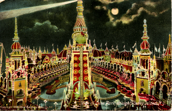 View of Luna Park at Night, Coney Island. Credit: Postcard courtesy of The Coney Island Museum // Image source: astropop.com. 