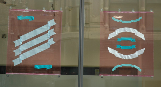 Vinyl Poster #1 & 2, 2012, vinyl, acrylic, ribbon, thread, 36 x 45 inches each.