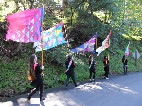 The ceremony begins with a flag procession from the gallery down to Montalvo's flagpole. Flags range in size from 4x4' to 4x6'.
