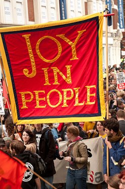 Jeremy Deller, Joy in People banner (made by Ed Hall). Photographed in London, November 9, 2011, by Linda Nylind. // icaphila.org