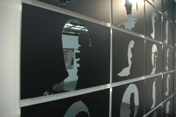 Sometimes I just like to look at materials and techniques. This is UV inkjet (I think it's just direct to substrate printing available at sign maker shops) on mirrored plexi on Dibond. Silvio Wolf at Bruce Silverstein, NY.