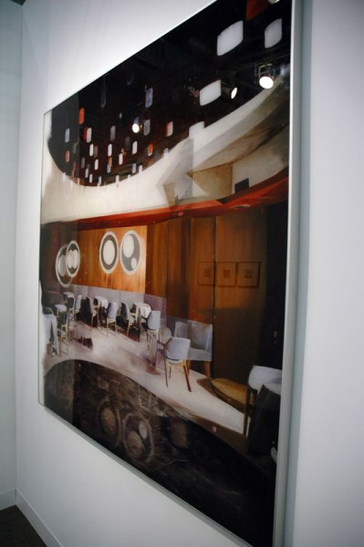 Another illusion that rewarded a second look. This looks a lot like a face-mounted print but it's actually a rear-painted sheet of plexiglass. I've always appreciated the vividness that rear-painted glass works have after seeing them at the Corning Museum. This is a nice spin in subject matter, photo realism, and materials. Gil Heitor Cortesao. Galeria Pedro Cera, Lisbon.