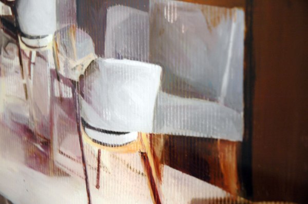 Detail of a reverse painted oil-on-plexiglas work by Gil Heitor Cortesao. Galeria Pedro Cera, Lisbon.