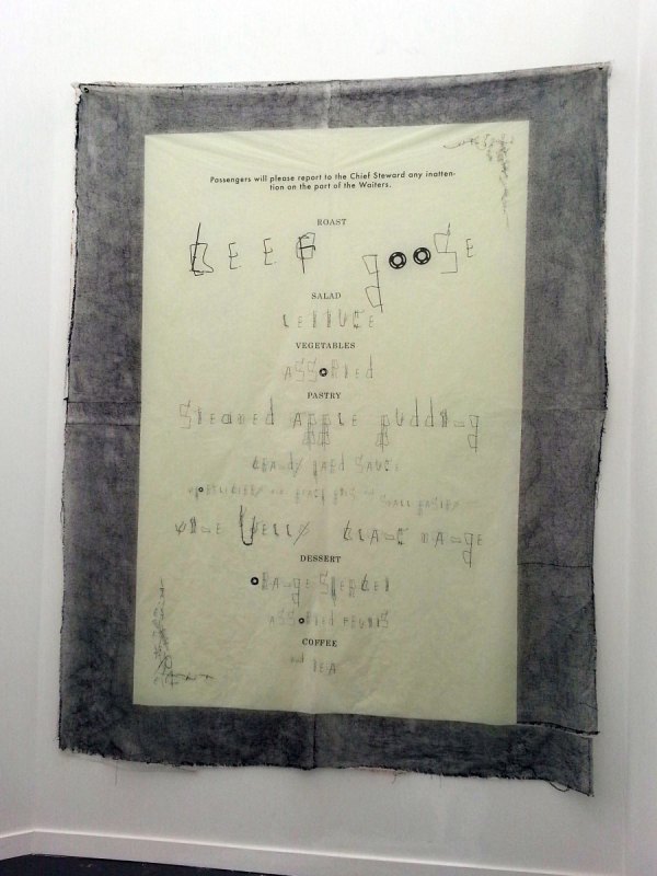 Maybe the collection of works where I could have spent a lot more time and gotten a much richer experience: Catherine Sullivan and Valerie Snowbeck's installation of texts on laminated fabrics and sculptural works at Galerie Catherine Bastide (Belgium). The materials and typography were so unusual, and I suspect the works told a well-conceived narrative. I regret the momentum that propelled me to march onward, instead of lingering and looking more closely.