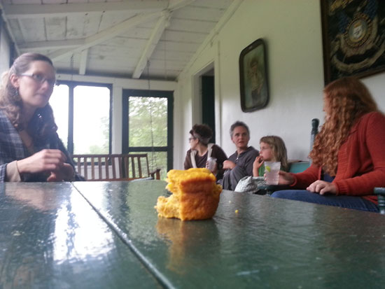 Butternut squash muffin, fellows from near and far, on Marit's family's camp porch. This would be after the swimming, and before the fireworks.