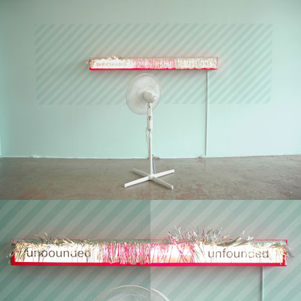 Christine Wong Yap, Unbounded/Unfounded, 2010, fan, metallic fringe and light box: pegboard, wood, acrylic, vinyl, lights, paint, 73 x 60 x 48 inches / 1.8 x 1.5 x 1.2 m.