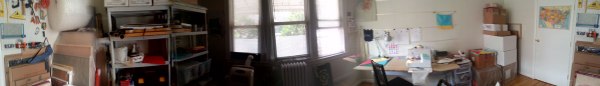 Studio panorama. Pretty nice to have light and fresh air. The windows face out to a covered porch, where I've done a little bit of woodworking.