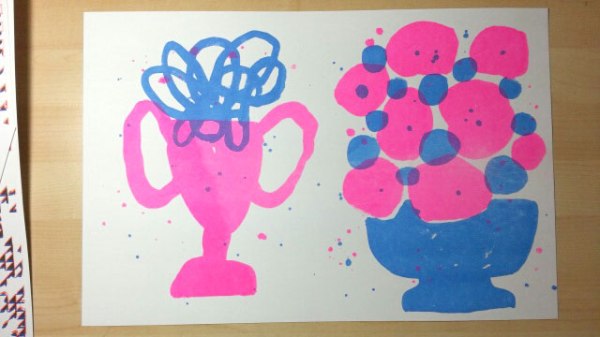 Luke Fischbeck, two color risograph print, various renderings of possibly happy/sad faces.