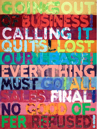 Mel Bochner, Going Out of Business, 2012, oil on velvet, 93 ½ × 70 ¼ in. (237. 5 x 178.4 cm). Private collection, New York. Artwork © Mel Bochner. // Site: thejewishmuseum.org.