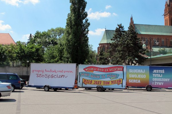The Pictures Full of Happiness mobile billboards with art by (left to right): Christine Wong Yap, Galeria Rusz, and Susan O'Malley. Photo courtesy of Galeria Rusz.