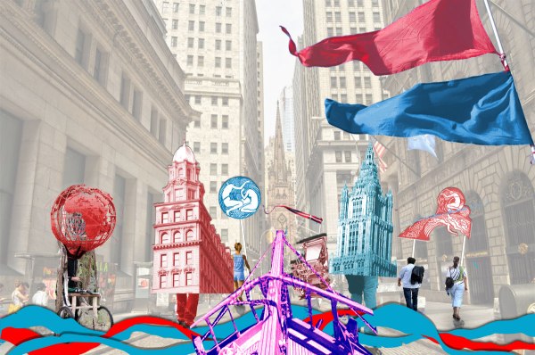 Little Syria Parade, in  Lower Manhattan’s first Arab-American neighborhood, envisioning an early-20th century Manhattan skyline.