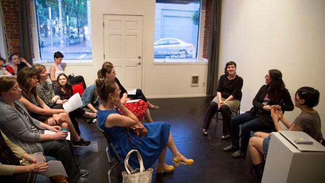 A discussion about Make Things (Happen): Christine Wong Yap with Lexa Walsh and Julie Perini. Presented by c3:initiative and Portland 'Pataphysical Society for Portland State University's Assembly 2015. Photo credit: Joe Greer.