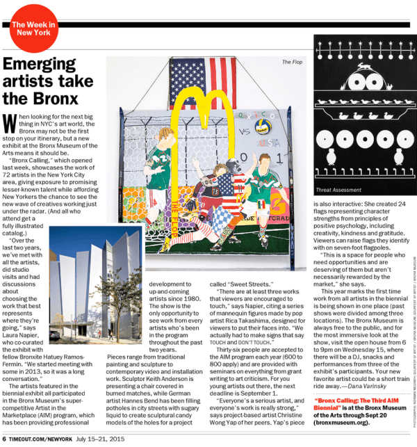 Dana Varinsky. “Emerging Artists Take the Bronx,” Time Out New York, July 15, 2015.