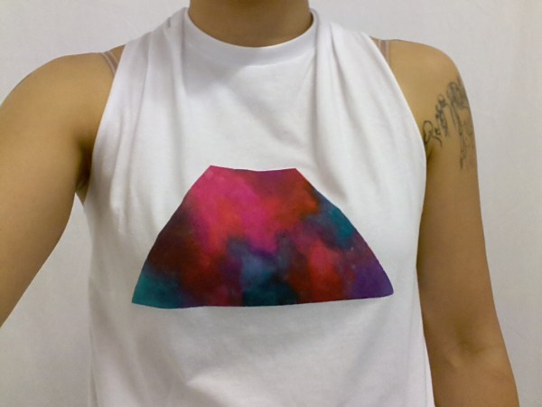 Fabric paint on tee. I'm thinking this shirt should only be made with the sleeves cut off. The tie-back can be optional.