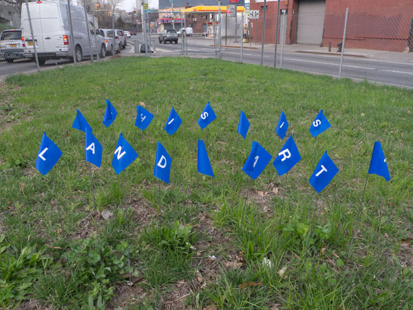 Through the DOT's Adopt-a-Highway program, artist Katarina Jerinic utilizes a parcel next to the Brooklyn Queens Expressway as land art for site-specific interventions. Katarina Jerinic, PSA for Passers-by #2 (video still), 2014, digital video, 57 seconds. // Source: KatarinaJerinic.com // HT: The Center for Book Arts' Map as Metaphor lecture series.