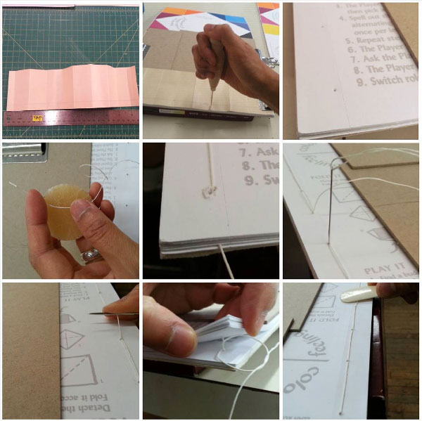 Bookbinding steps, part 1 of 2, for collaborative activity with @leahmartharosenberg. Make a 10-hole guide. Transfer with a pin tool (to your block squared out and bulldog clipped between boards). Drill holes with a Dremel. Beat down the swell (burnish burrs with a bone folder). Wax 18-30 gauge linen thread. Straight stitch forwards then back. Snug it up. Tie a square knot in the middle of your text block. Beat down again. #waysandmeans Techniques picked up from @centerforbookarts teachers and renters.