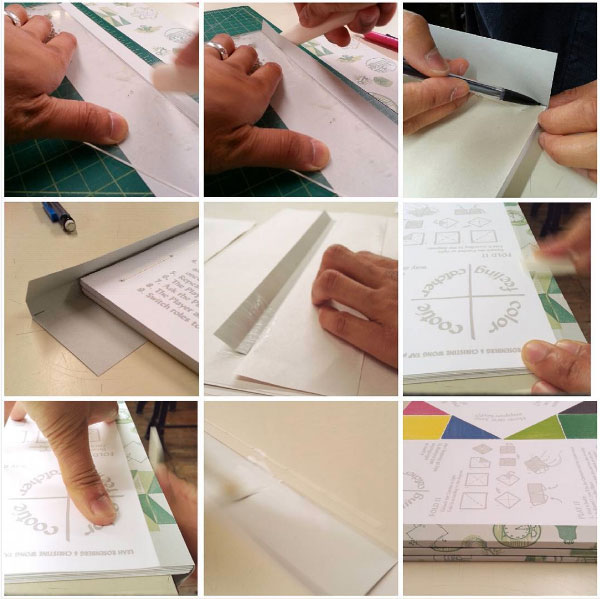 Bookbinding steps, part 2 of 2, for collaborative activity with @leahmartharosenberg: Glueing the spine wrap. Cut paper and score to depth to cover stiches. Fold up using triangle and bone folder. Mark spine width, score and fold. Dry fit. Brush on PVA from folds outward using a newsprint mask. Place on block and burnish top and spine. Stand up book on spine and repeat on back.