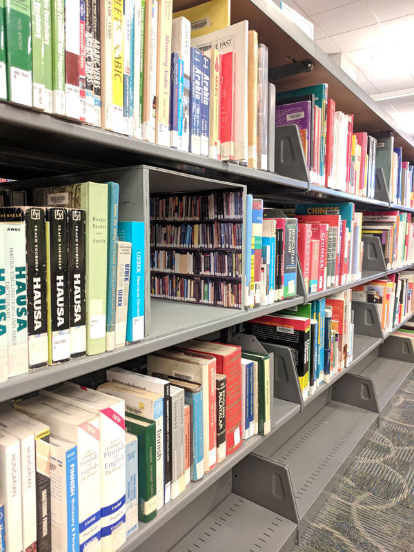 Shelves of library books, with a plywood box with no face. Inside the box is a photo of shelves of library books.