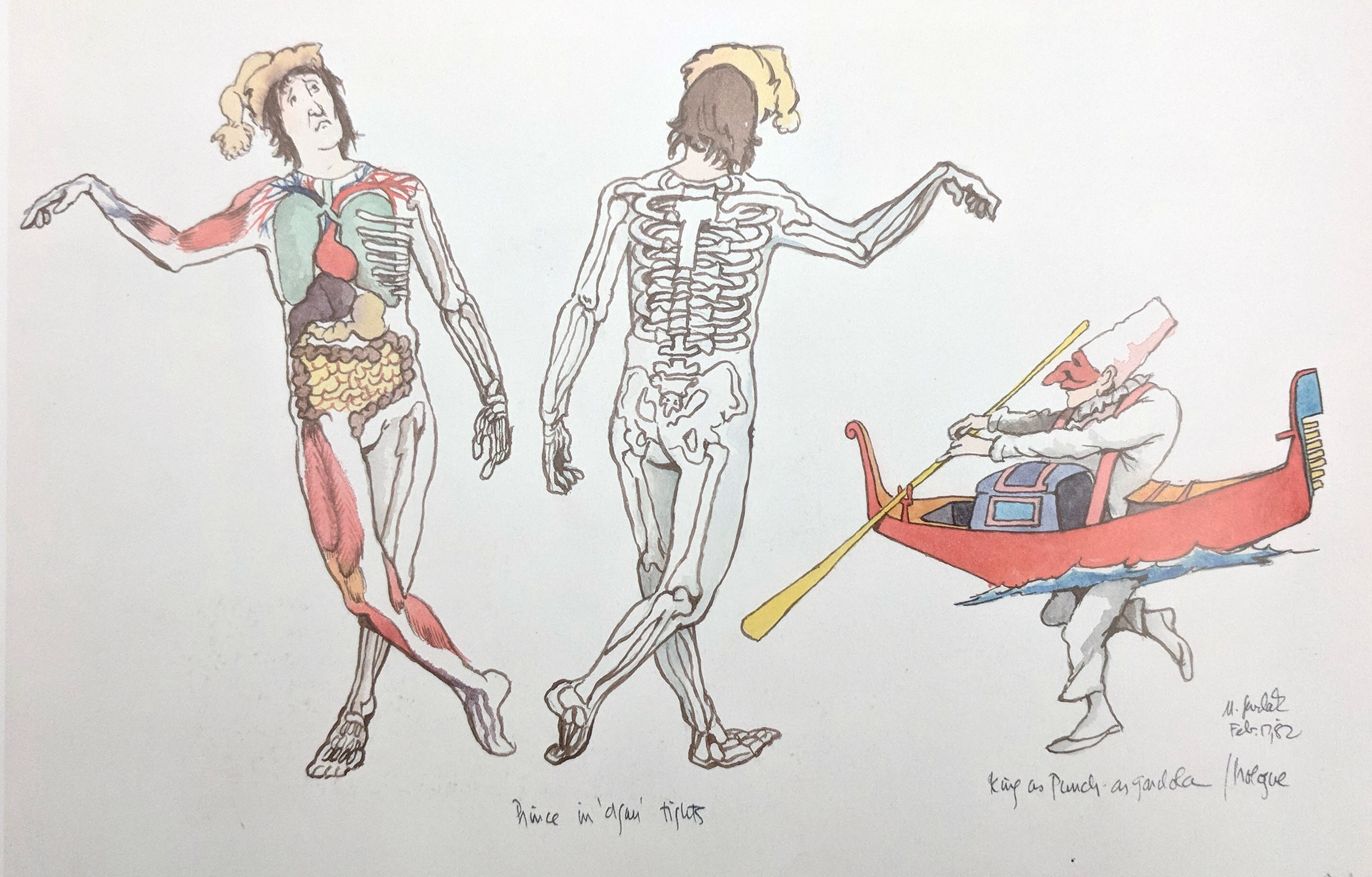Drawing of costume designs. Three figures. The two figures on the left show the front and back of the same person, "prince" in a body suit showing organs and bones. The third figure is a man a boat.