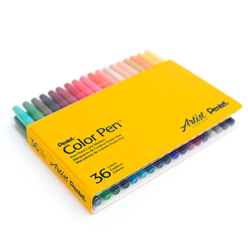 set of markers in a yellow case.