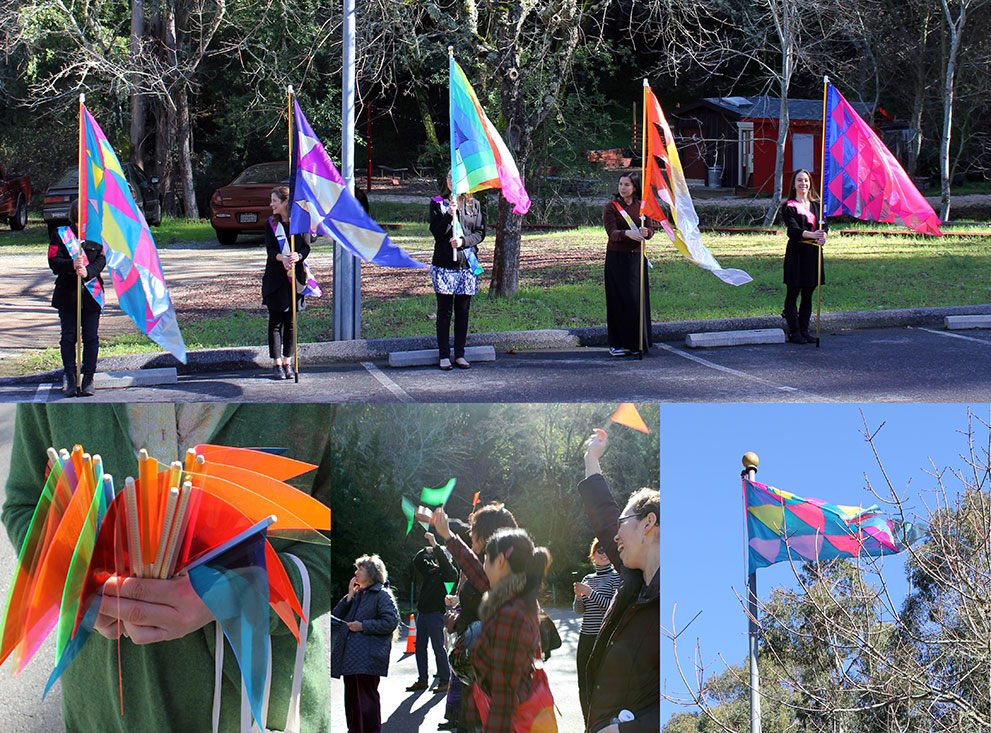 4 photos documenting a flag procession and raising ceremony. the flags are colorful patterns without representational symbols.